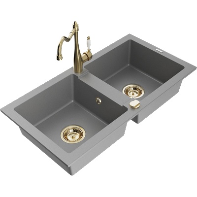 Mexen Mario гранитна мивка с 2 корита и кухненски смесител Carla, сив - 6504-71-670700-50 (6504-71-670700-50)
