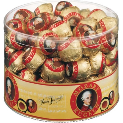 Victor Schmidt Mozart Kugeln v plastové dóze Pralinky plněné marcipánem a nugátovým krémem máčené v čokoládě 0,825 kg