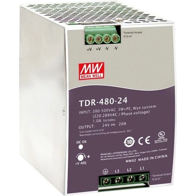 Mean Well TDR-480-24, průmyslový napájecí spínaný zdroj 24V 480W na DIN (třífázový)