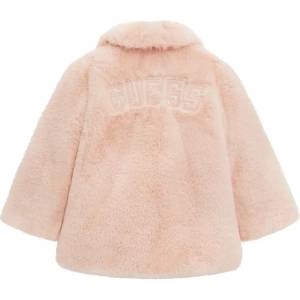 GUESS Плюшено едноцветно палто в розов цвят за мини момиче с надпис Guess на гърба