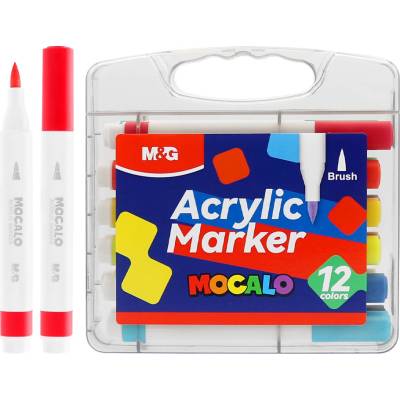Popisovač M&G MOCALO Acrylic Marker, štetcový hrot - sada 12 farieb