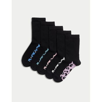 Marks & Spencer Чорапи с леопардов десен и висок дял памук, комплект 5 чифта (6 малки - 7 големи) Marks & Spencer черен Marks & Spencer | Cheren | Момичешки | 8+-12