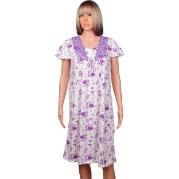 Нощница в бяло с лилави цветя, дантела и панделка