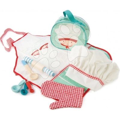 Tender Leaf Toys Chef's Bag kuchárska taštička so zásterou 9-dielna sada s drevenými a textilnými doplnkami