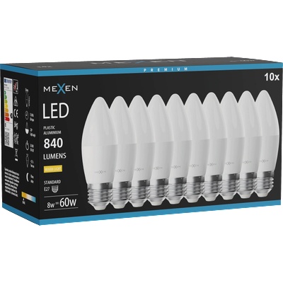 Mexen Nova 10x LED крушка E27, C37, 8W, Топла - 3000K, 840 lm - L102-E27-0830-01x10 (L102-E27-0830-01x10)