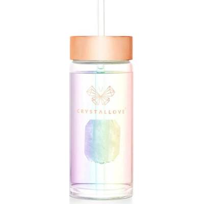 CRYSTALLOVE Skleněná lahvička na vodu s křišťálem horským a brčkem 400ml-hol