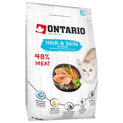 ONTARIO HAIR & SKIN Adult salmon chicken cat food - суха храна за котки, за лъскав косъм и козина, с пилешко месо и сьомга 0, 4 кг, Чехия 213-10173