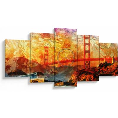 Obraz - Golden Gate, San Francisco, Kalifornie (s hodinami), pětidílný 150x80 cm s hodinami – Hledejceny.cz