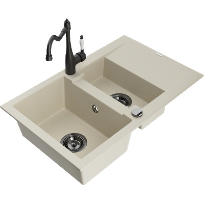 Mexen Gaspar гранитна мивка с 1, 5 отделения и отцедник с кухненски смесител Carla, бежов - 6507-69-670700-70 (6507-69-670700-70)