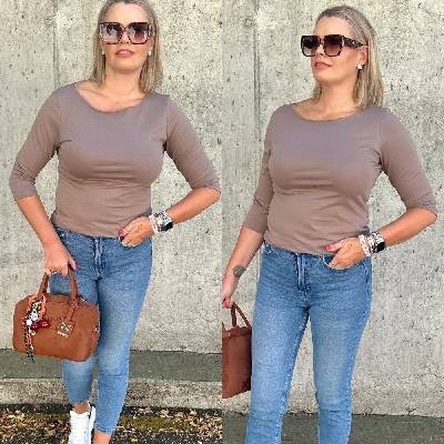 Edena Uni hnědé basic tričko s 3/4 rukávem Mokka