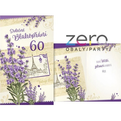Přání s textem narozeninové 60 + obálka - vintage