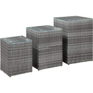 vidaXL Странични маси, 3 бр, със стъклен плот, сиви, полиратан (46985)