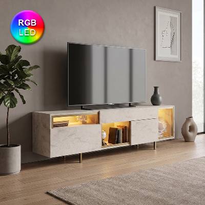 TopMebel Norm TopMebel меламинова ТВ стойка с RGB LED в цвят травертин и злато, 180 x 32 x 55 см