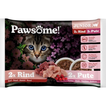 Pawsome! Junior s hovädziem / s krůtím mäsom 4 x 85 g