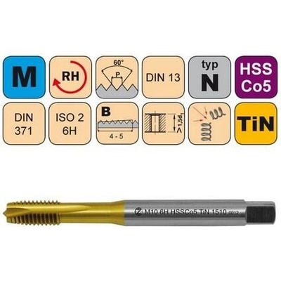 NÁSTROJE CZ Závitník strojní M8x1,25 ISO2 HSSCo5 TiN DIN 371 B - 1510 - CZZ1510-M8-ISO2