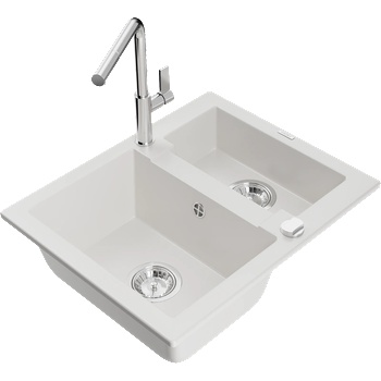 Mexen Carlos гранитна мивка с 1, 5 камери и кухненски смесител Flora, бяла (6518-20-670401-00)