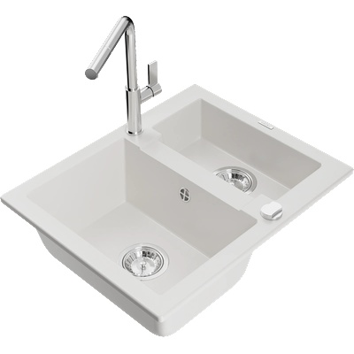 Mexen Carlos гранитна мивка с 1, 5 камери и кухненски смесител Flora, бяла (6518-20-670401-00)