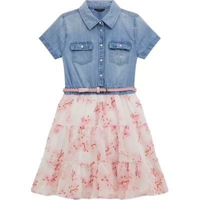 Guess Комбинирана рокля светъл деним и тюл с цветя Guess
