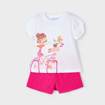 Mayoral Комплект къс панталон фантазия в цвят циклама и бяла тениска с апликация за мини момиче Майорал