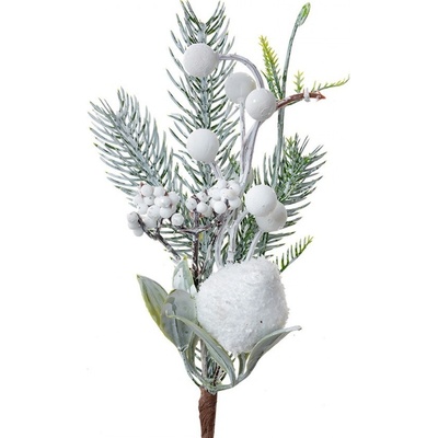 Vánoční dekorační zápich větvička s bílými bobulemi a sněhovými koulemi – 26 cm