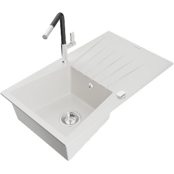 Mexen Cesar гранитна мивка с 1 отделение със сушилник и кухненски смесител Flora, бял - 6514-20-670401-07 (6514-20-670401-07)