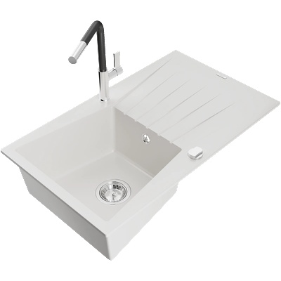 Mexen Cesar гранитна мивка с 1 отделение със сушилник и кухненски смесител Flora, бял - 6514-20-670401-07 (6514-20-670401-07)