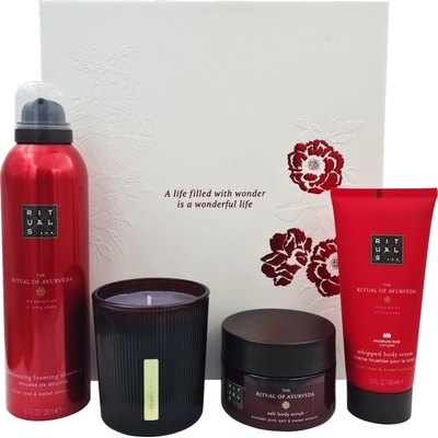 Rituals The Ritual Of Ayurveda sprchová pěna The Ritual Of Ayurveda 200 ml + tělový krém The Ritual Of Ayurveda 100 ml + tělový peeling The Ritual Of Ayurveda 125 g + vonná svíčka dárková sada