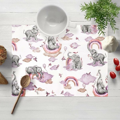 Biante Dětské bavlněné prostírání Sandra SA-464 Sloni s fialovou duhou na bílém 35x45cm