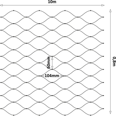 Černá lanová síť, 0,8 x 10 m, oko 60 x 104 mm, ø 2 mm, AISI 304