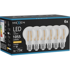 Mexen Vintis 6x LED филамент крушка E27, A60, 8W, Топла - 2200K, 1055 lm, прозрачен (L150-E27-0822-00x06)