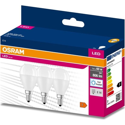 Osram 3PAK LED žárovka LED E14 P45 7W = 60W 806lm 6500K Studená bílá 200° Value OSRVALU7719