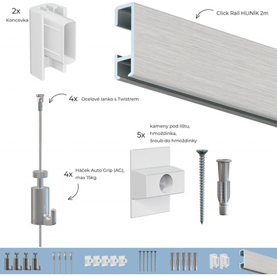 Závěsný systém na obrazy - SET Click Rail HLINÍK 2m (4x ocel, 4x AG)