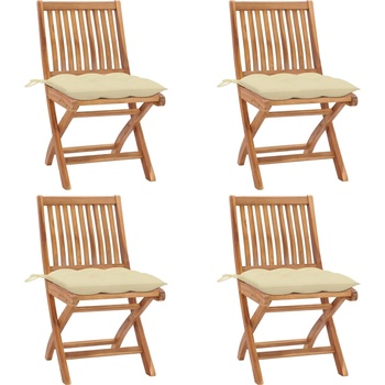 vidaXL Сгъваеми градински столове с възглавници, 4 бр, тик масив (3072824)