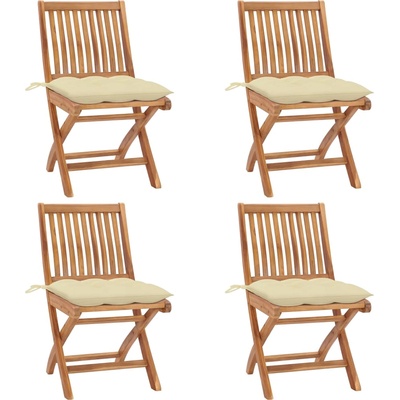 vidaXL Сгъваеми градински столове с възглавници, 4 бр, тик масив (3072824)