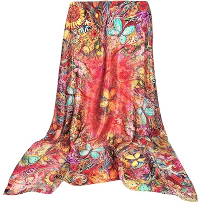 dámský hedvábný pestrobarevný šátek velký čtvercový 100% hedvábí slunečnice ptáci motýli – Zboží Mobilmania