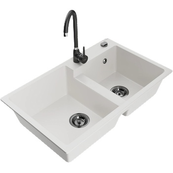 Mexen Tomas двоен гранитен кухненски мивка с кухненски смесител Telma, бял - 6516-20-670200-70 (6516-20-670200-70)