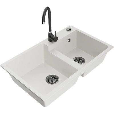 Mexen Tomas двоен гранитен кухненски мивка с кухненски смесител Telma, бял - 6516-20-670200-70 (6516-20-670200-70)
