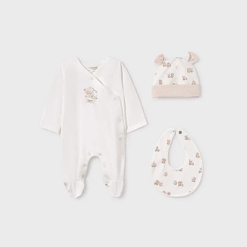 Mayoral Сет боди, шапка и лигавник в мръсно бяло с животинки за новородено бебе Майорал