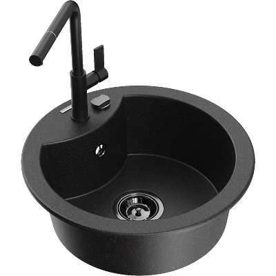 Mexen Diego гранитна мивка с 1 гнездо и кухненска батерия Flora, черен/сребърен металик - 6512-73-670401-70-B (6512-73-670401-70-B)