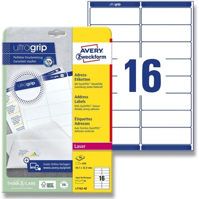 Avery Zweckform L7162-40 adresní etikety 99,1 x 33,9 mm 640 etiket laser bílá