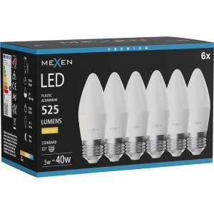 Mexen Nova 6x LED крушка E27, C37, 5W, Топла - 3000K, 525 lm - L102-E27-0530-01x06 (L102-E27-0530-01x06)