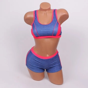 Image 1 of Спортен бански с дънков ефект с червени ленти - чашка b