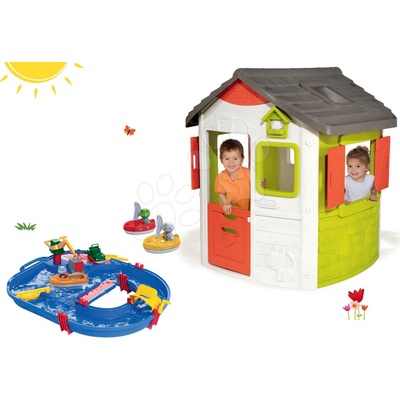 Smoby set domeček Jura Lodge se dvěma dveřmi a vodní dráha AquaPlay Start Set s kontejnerem a 2 plachetnice 810500-33