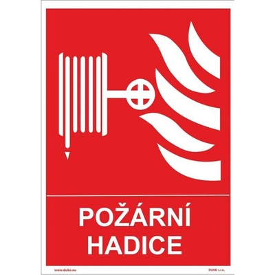 DUKO POŽÁRNÍ HADICE se symbolem a textem Formát: 210 x 297 mm, Materiál: plast 1 mm, samolepící vinylová fólie
