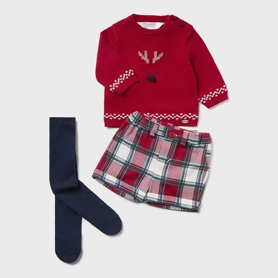 Mayoral Комплект червен пуловер, карирани къси панталони и тъмно син чорапогащник за бебе момче Майорал