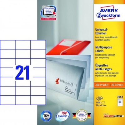 Avery-Zweckform 3652 70 x 42.3 mm papier biela 2100 ks trvalé univerzálne etikety atrament, laser, kópie; 3652