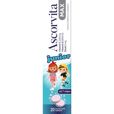 Ascorvita Max Junior šumivé tablety pre deti od 7 rokov vitamín C, D a zinok 20 ks