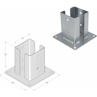 Domax šroubovací patka sloupku se čtvercovou základnou (ZNO) PSPD 100 - 102 x 150 x 180 x 2.5 mm