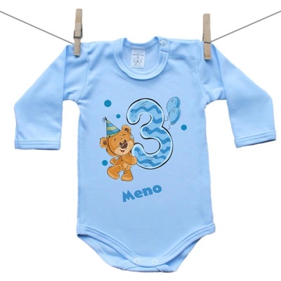 Boodyy Modré body s dlhým rukávom Už mám 3 roky s Medvedíkom a menom dieťatka Chlapec