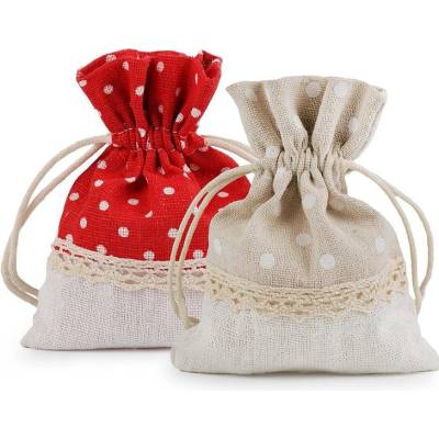 Lněný pytlík s puntíky a krajkou 10x13 cm - 6 červená tmavá